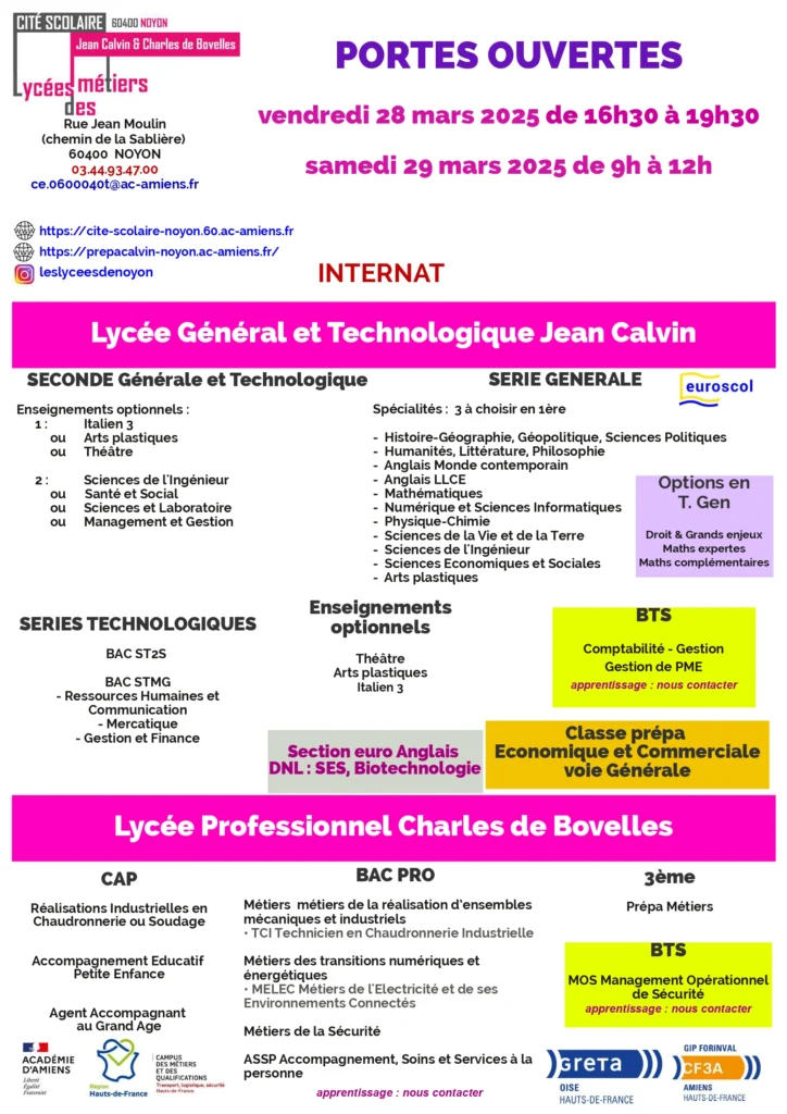 Affiche des portes ouvertes de la cité scolaire Jean Calvin et Charles de Bovelles à Noyon, vendredi 28 mars 2025 de 16h30 à 19h30 et samedi 29 mars 2025 de 9h à 12h, avec la liste des formations.