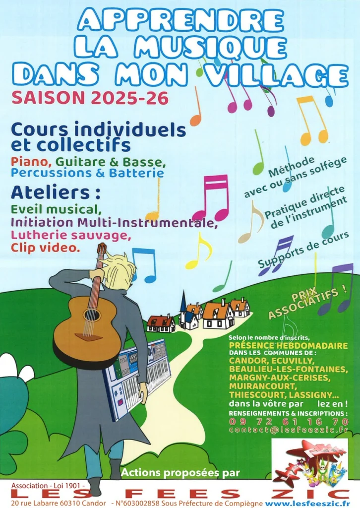 Affiche « Apprendre la musique dans mon village », saison 2025-2026 : cours individuels et collectifs de piano, guitare, basse, percussions et batterie, et ateliers, proposés par l’association Les Fées Zic.