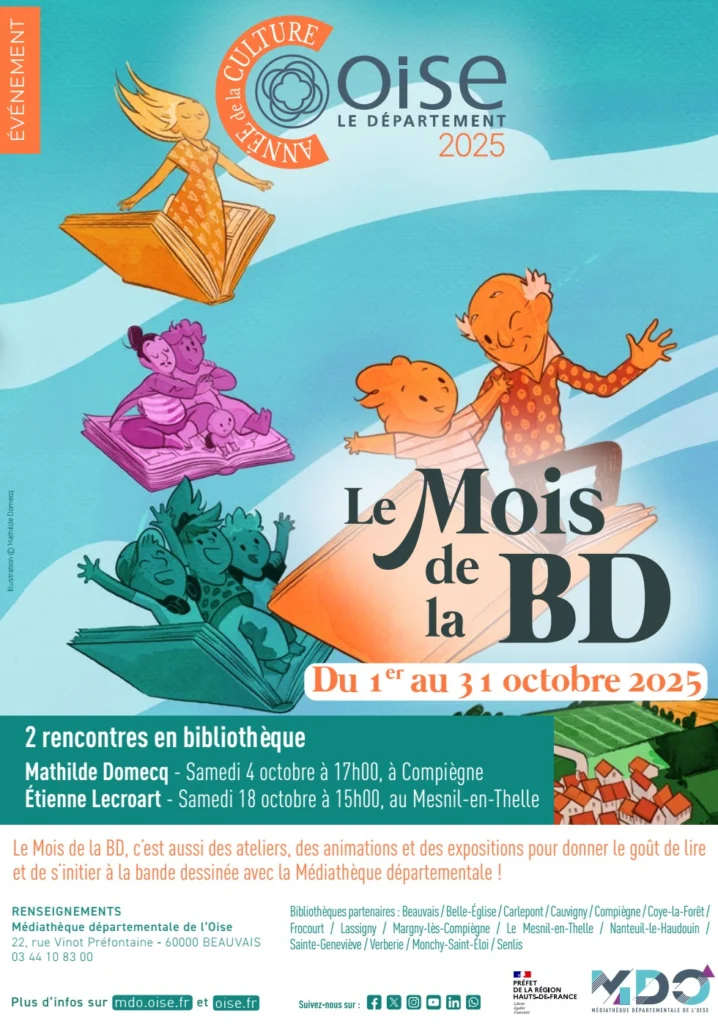 Affiche du Mois de la BD dans l’Oise, du 1er au 31 octobre 2025, avec deux rencontres en bibliothèque.