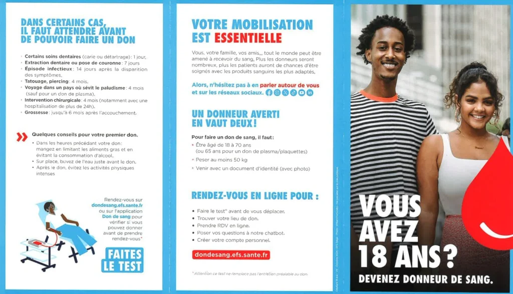 Dépliant de l’Établissement français du sang « Vous avez 18 ans ? Devenez donneur de sang », avec les conditions pour donner et la prise de rendez-vous en ligne.