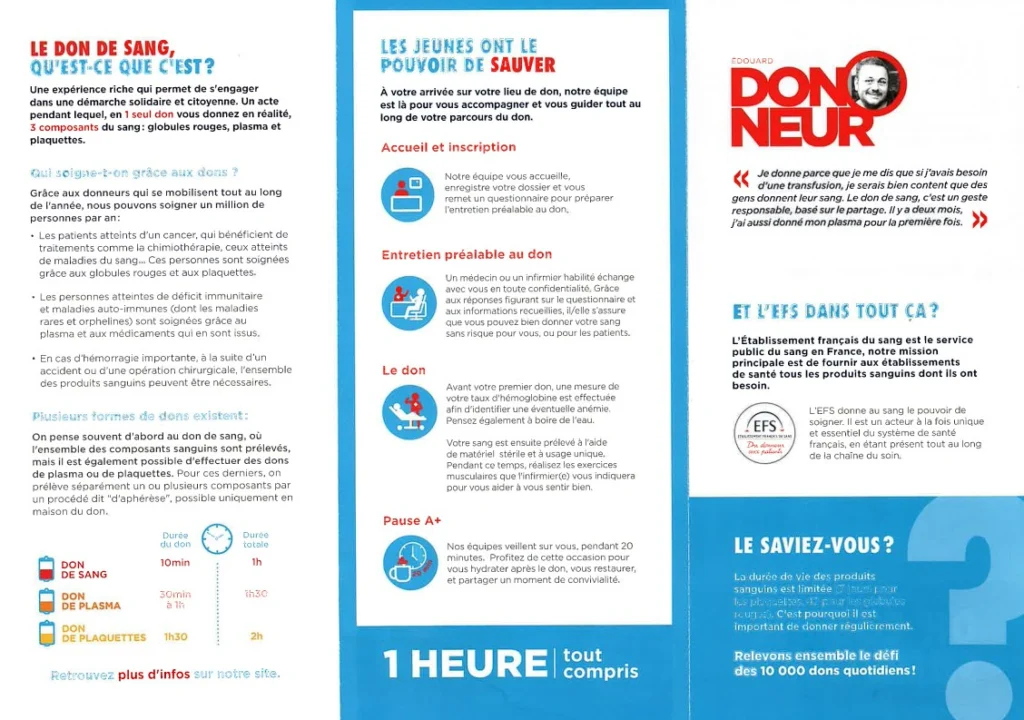 Dépliant de l’Établissement français du sang expliquant le don de sang, son déroulement en une heure et ses étapes.