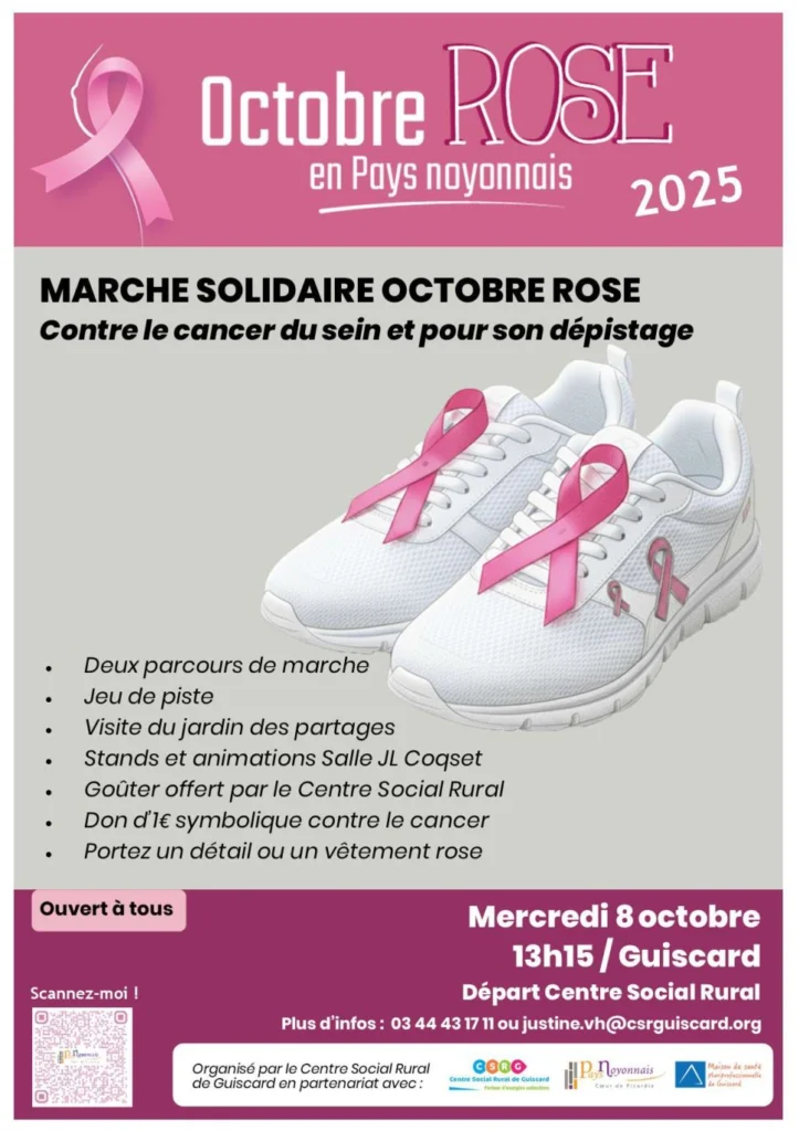 Affiche de la marche solidaire Octobre rose en Pays noyonnais, contre le cancer du sein, mercredi 8 octobre 2025 à 13h15 au départ du Centre Social Rural de Guiscard, ouverte à tous.