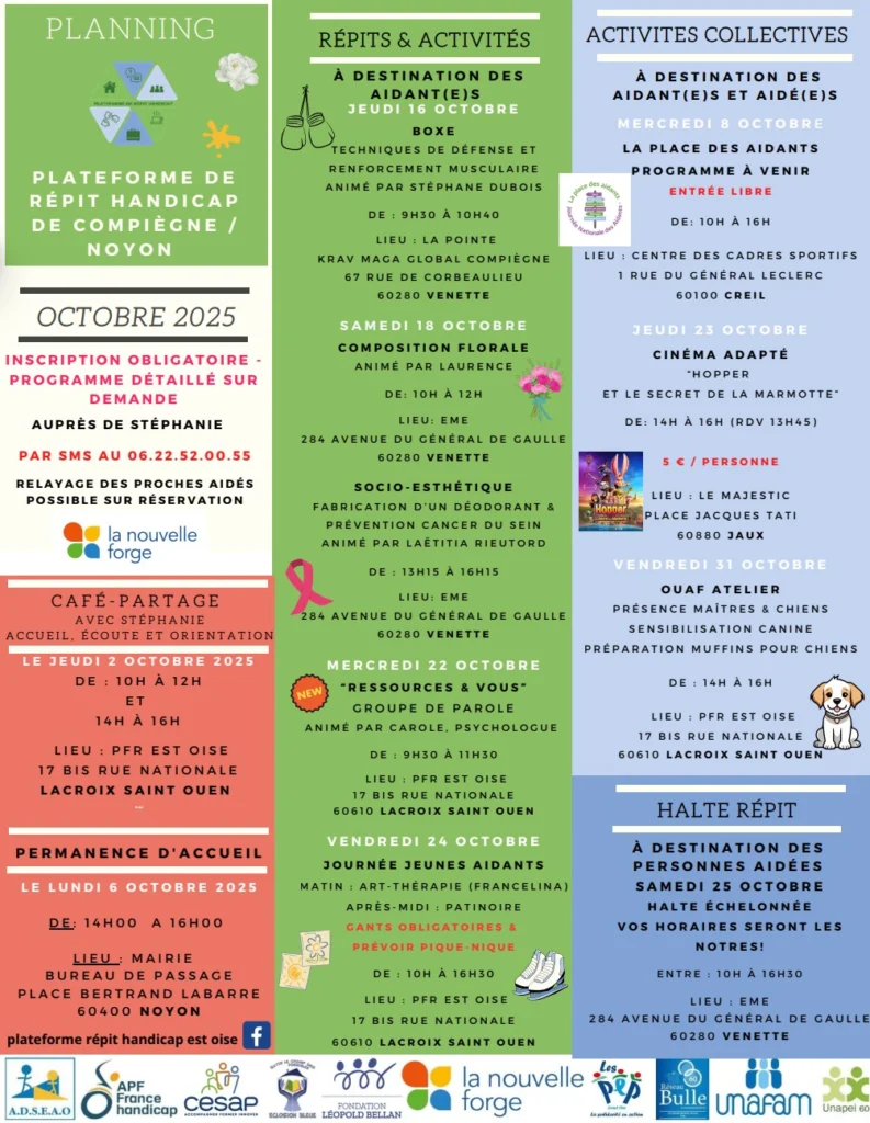 Planning d’octobre 2025 de la plateforme de répit handicap de Compiègne et Noyon : activités de répit, cafés-partage, activités collectives et haltes répit, sur inscription.