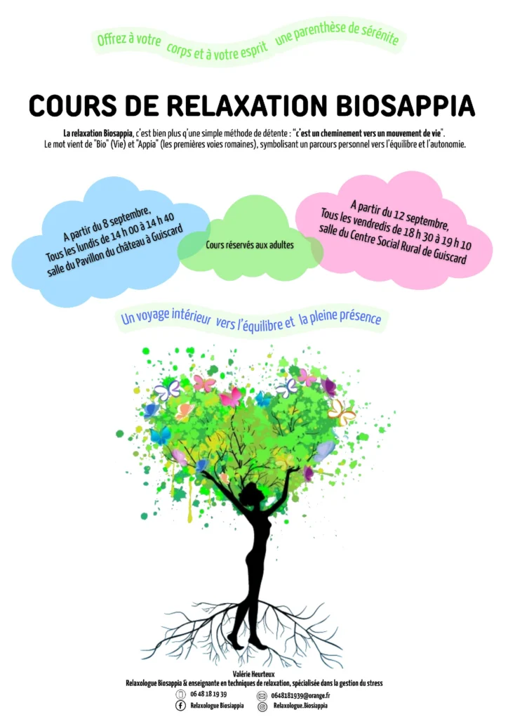 Affiche des cours de relaxation Biosappia à Guiscard : à partir du 8 septembre, tous les lundis de 14h à 14h40 au pavillon du château, et à partir du 12 septembre, tous les vendredis de 18h30 à 19h10 au Centre Social Rural.