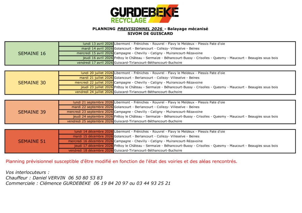 Planning prévisionnel 2026 du balayage mécanisé de l’entreprise Gurdebeke pour le SIVOM de Guiscard : semaines 16, 30, 39 et 51, avec les communes concernées chaque jour.