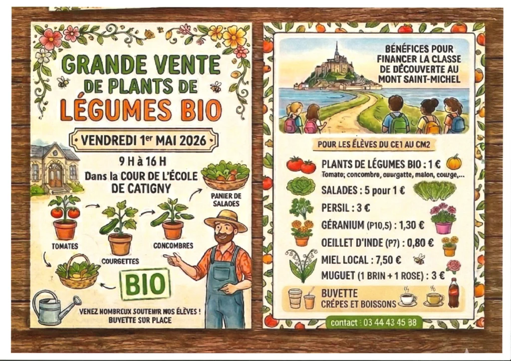Affiche de la grande vente de plants de légumes bio, vendredi 1er mai 2026 de 9h à 16h dans la cour de l’école de Catigny, au profit de la classe de découverte au Mont-Saint-Michel, avec la liste des prix.