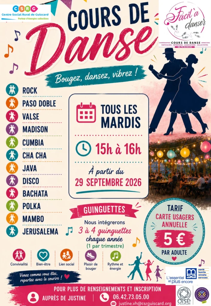 Affiche pour des cours de danse hebdomadaires à Guiscard.