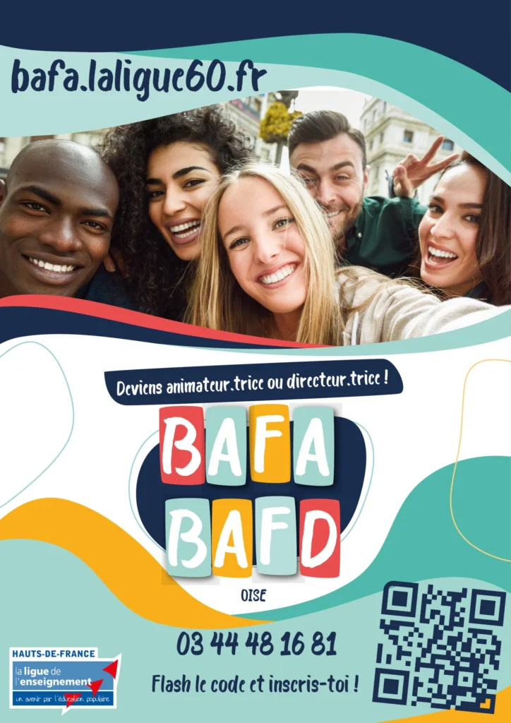 Affiche de formation BAFA BAFD avec des jeunes souriants.
