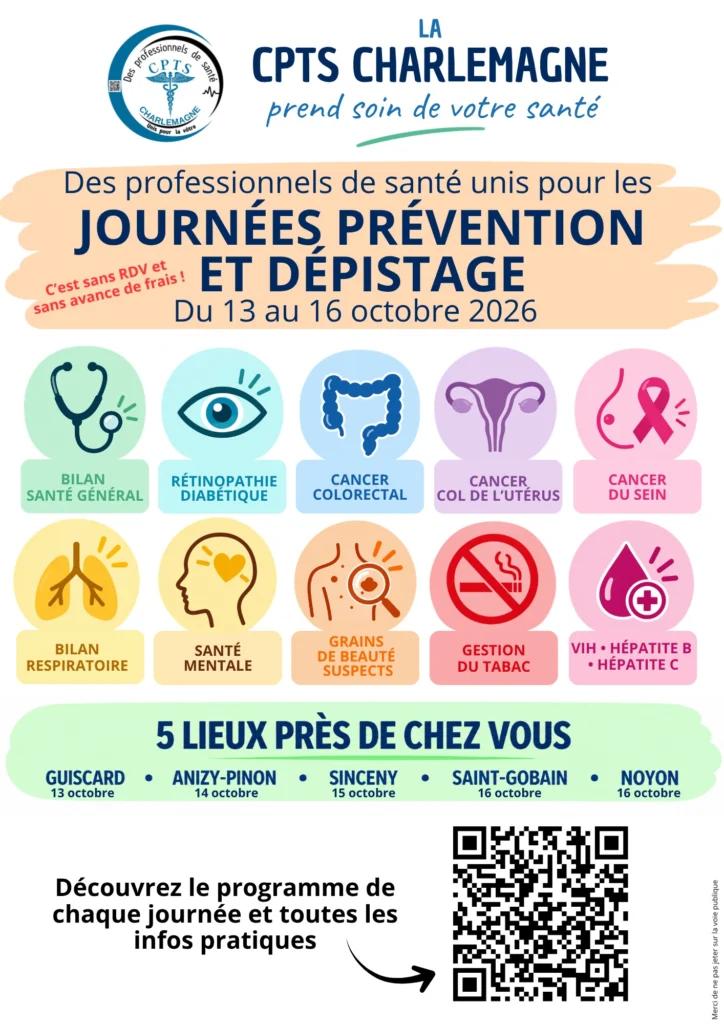 Affiche de la CPTS Charlemagne : journées prévention et dépistage du 13 au 16 octobre 2026, sans rendez-vous et sans avance de frais, à Guiscard, Anizy-Pinon, Sinceny, Saint-Gobain et Noyon.